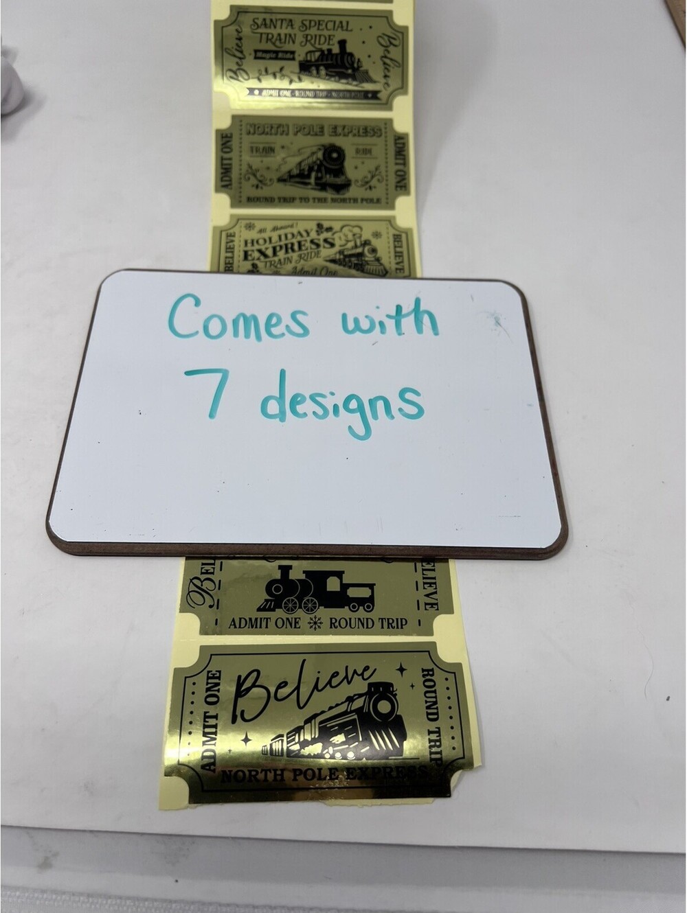 7 Gold North Pole Train Ticket Stickers Christmas Holiday Express Believe Set